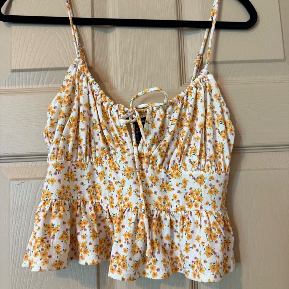 Forever 21 White and Yellow Ruched Tie Front Camisole
